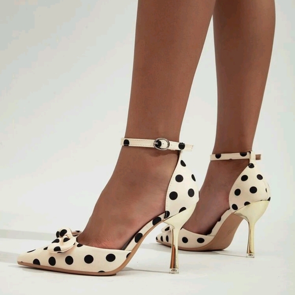 Satin Polka Dot Pattern Bow Decor Ankle Strap Pumps - Picture 4 of 6